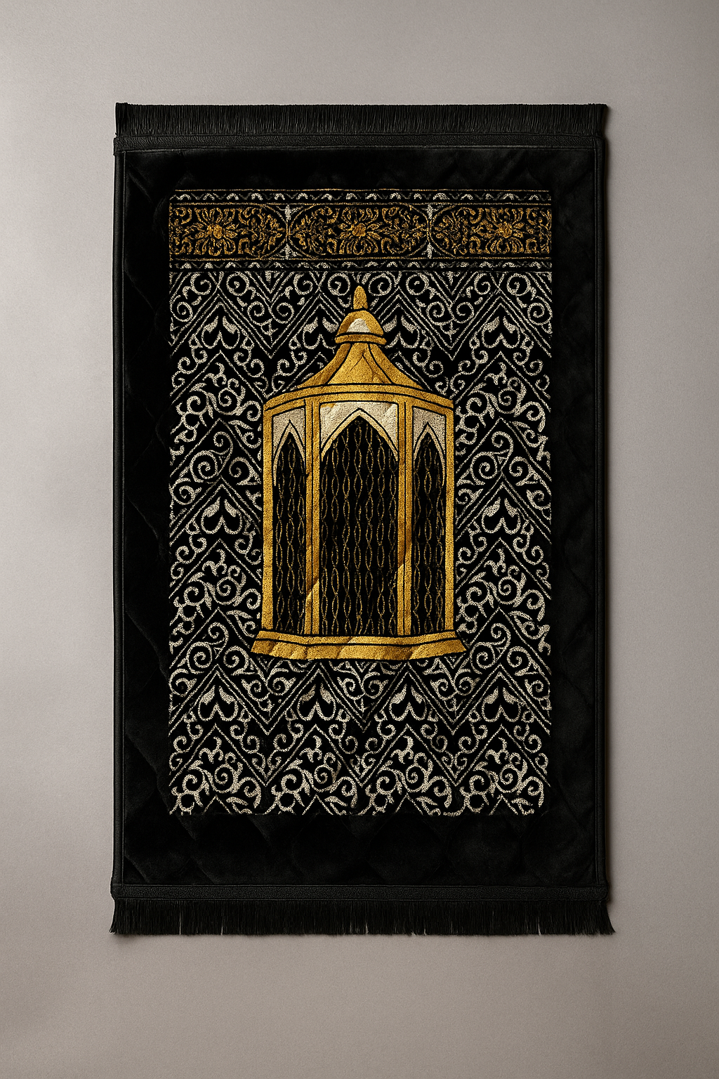 Classic Soft Prayer Mat – Black & Gold Lantern Design | Premium Islamic Janamaz
