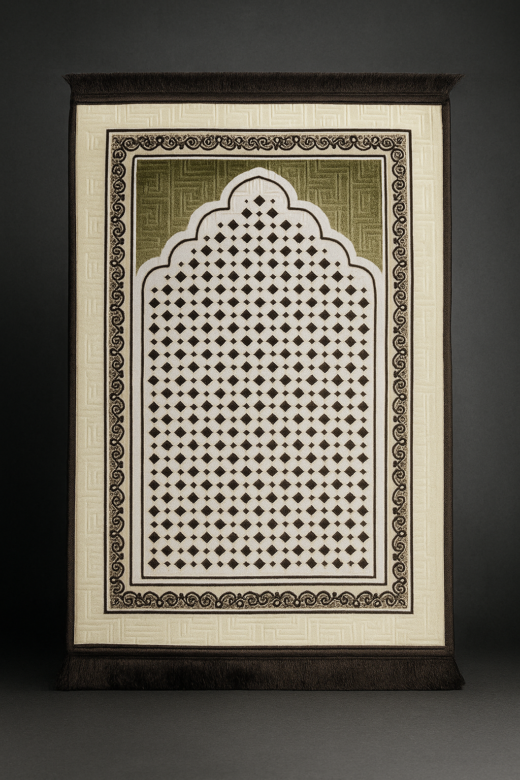 Luxury Turkish Velvet Prayer Mat – Olive Green & Cream Geometric Janamaz