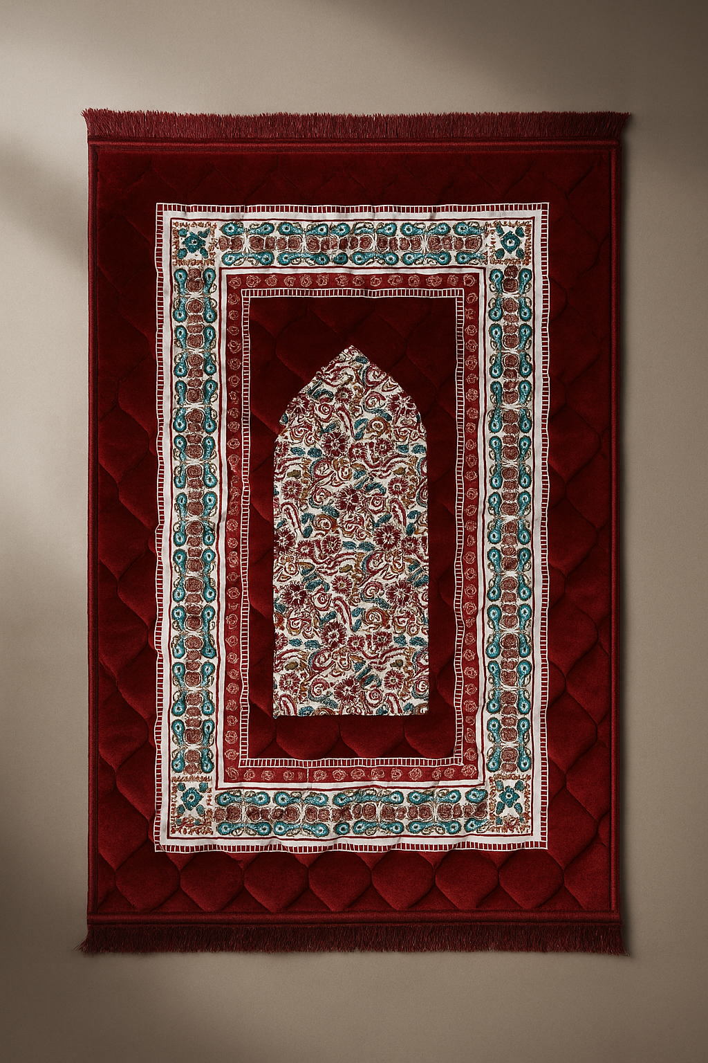 Luxury Turkish Velvet Prayer Mat – Red Floral Islamic Janamaz