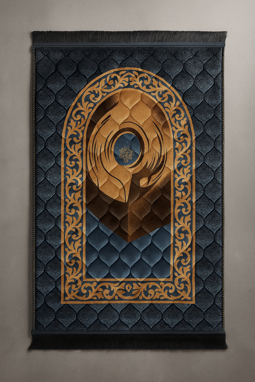 Premium Velvet Islamic Prayer Mat — Kaaba Inspired Arch & Gold Motif (Navy Blue)